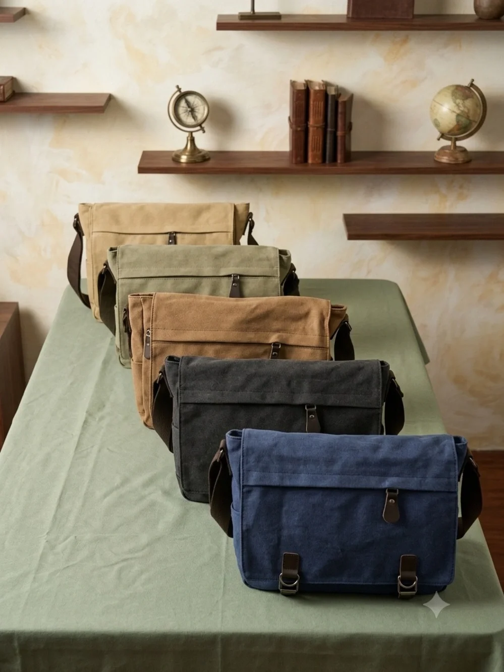Black Canvas Messenger Bag with Brown Trim and Adjustable Strap